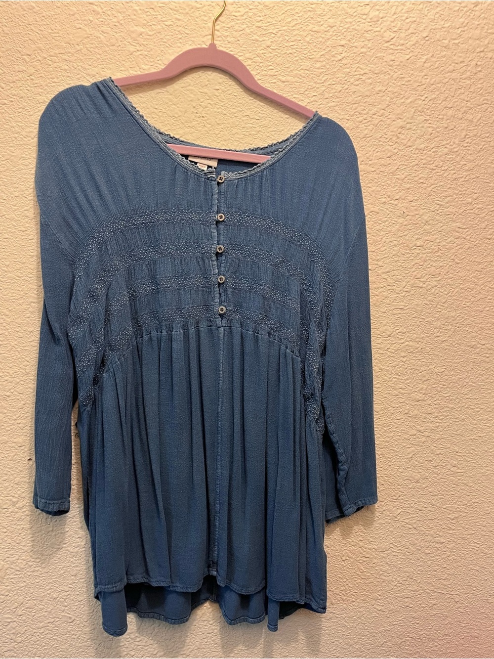 Avenue Dusty Blue Button-Front Peasant Blouse